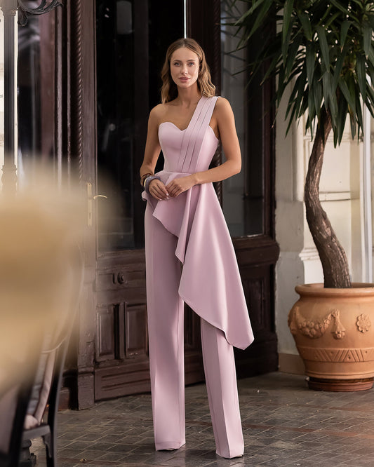 Dusty-Pink Pleated One-Shoulder Peplum Top & High-Waist Pants