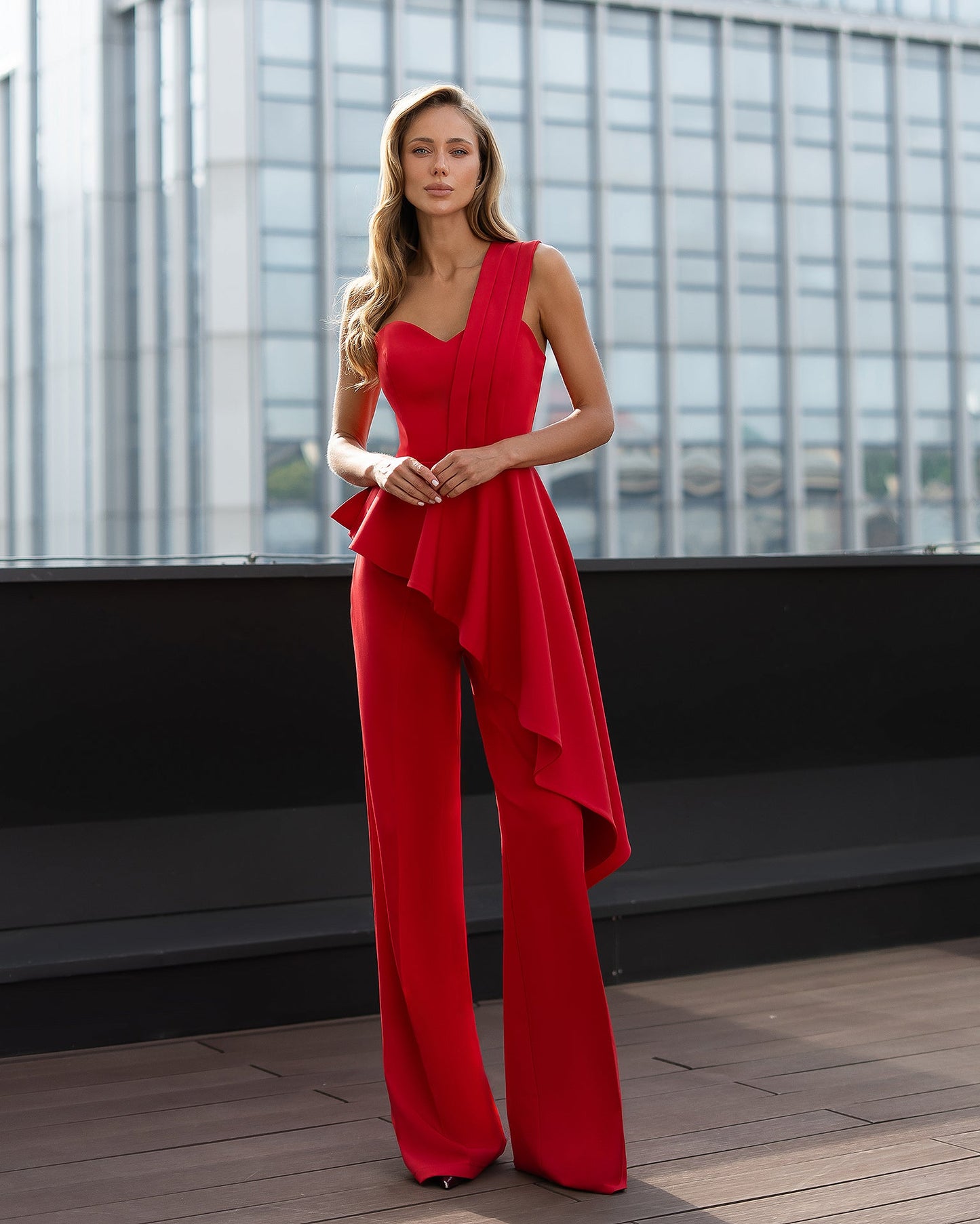 Red Pleated One-Shoulder Peplum Top & High-Waist Pants