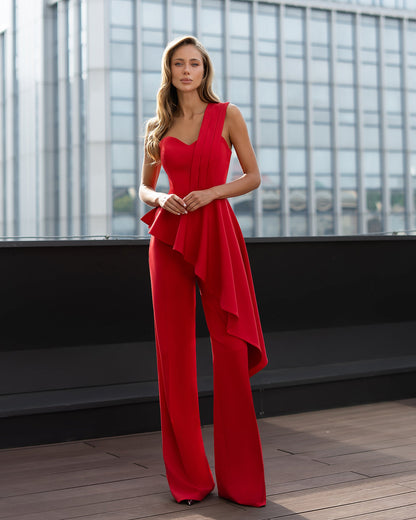 Red Pleated One-Shoulder Peplum Top & High-Waist Pants