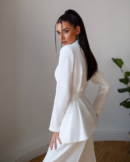 White Belted Wide-Leg Suit 2-Piece