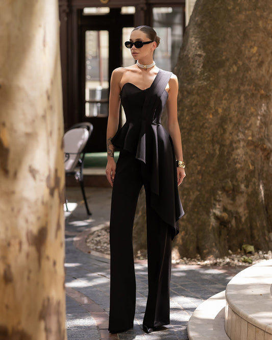 Black Pleated One-Shoulder Peplum Top & High-Waist Pants