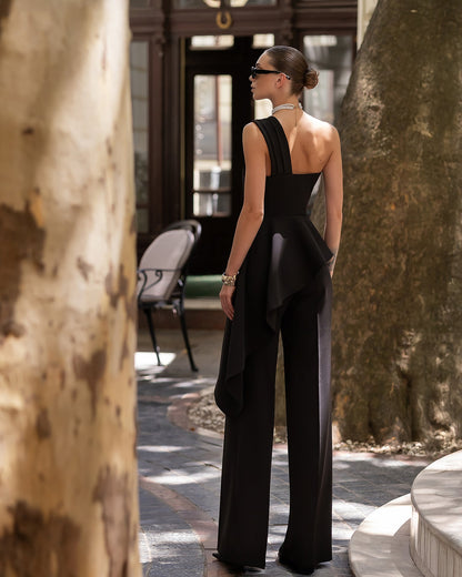 Black Pleated One-Shoulder Peplum Top & High-Waist Pants