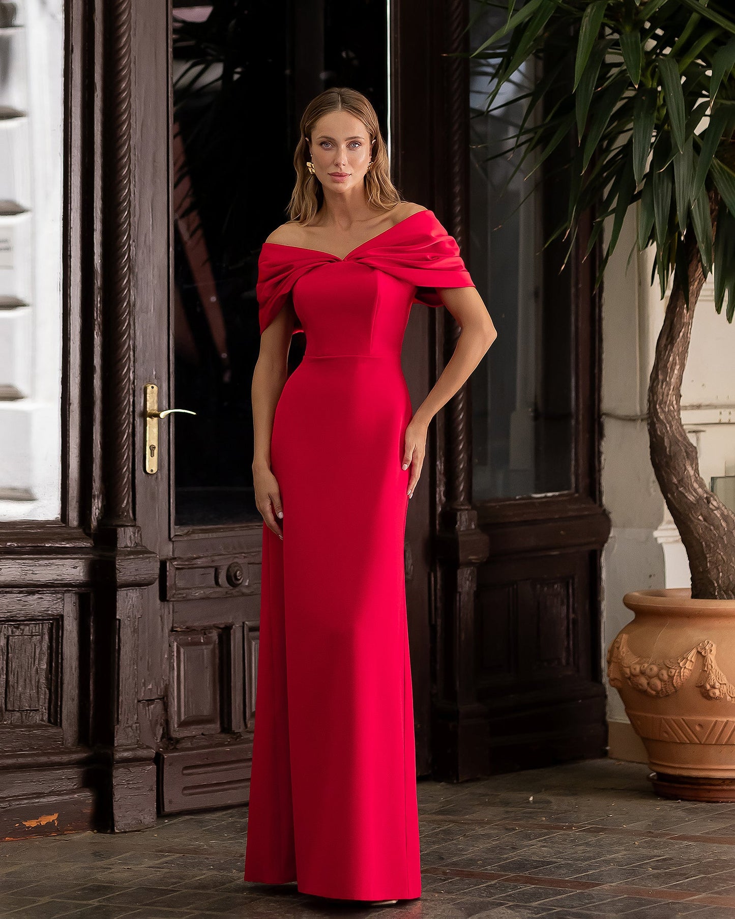 Léa Red Off-the-Shoulder Draped Maxi Dress