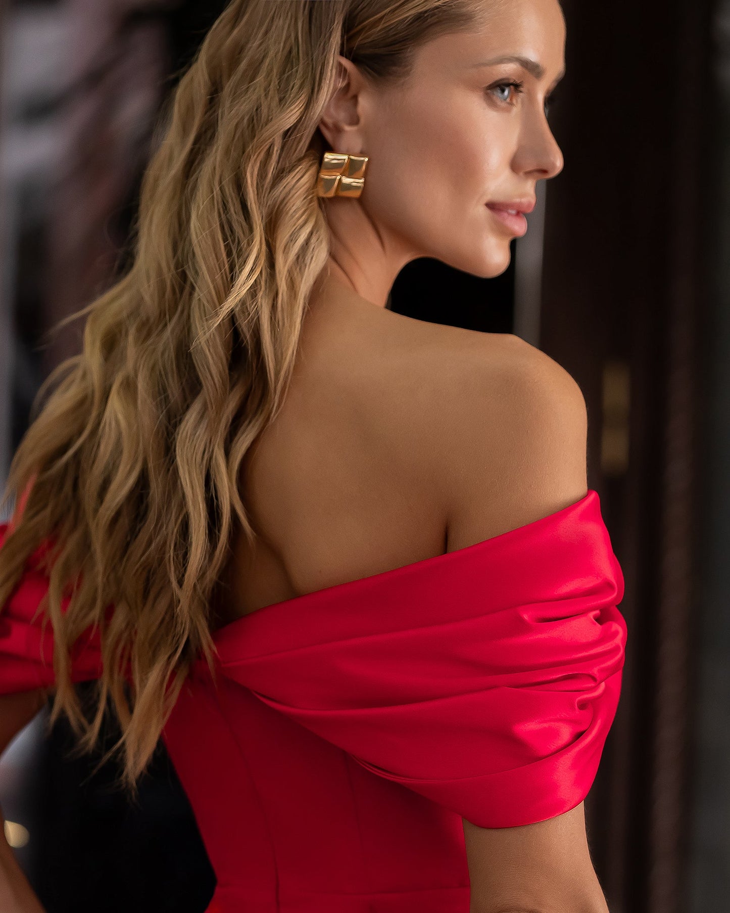 Léa Red Off-the-Shoulder Draped Maxi Dress
