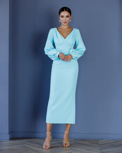 Tiffany-Blue V-Neck Puff-Sleeve Midi Dress