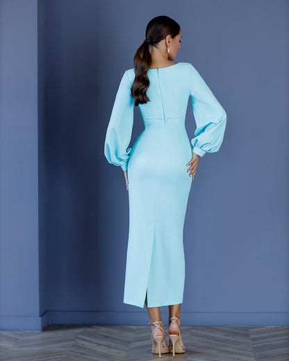 Tiffany-Blue V-Neck Puff-Sleeve Midi Dress
