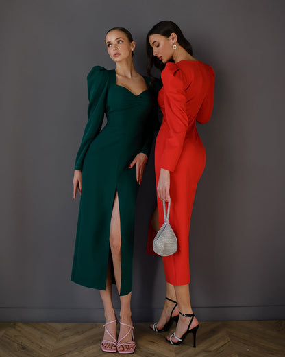 Anne Emerald Puff Sleeve Midi Dress