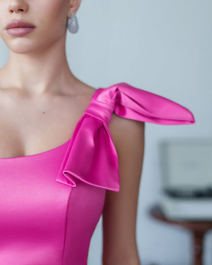 Crimson Satin One-Shoulder Bow Skater Mini Dress