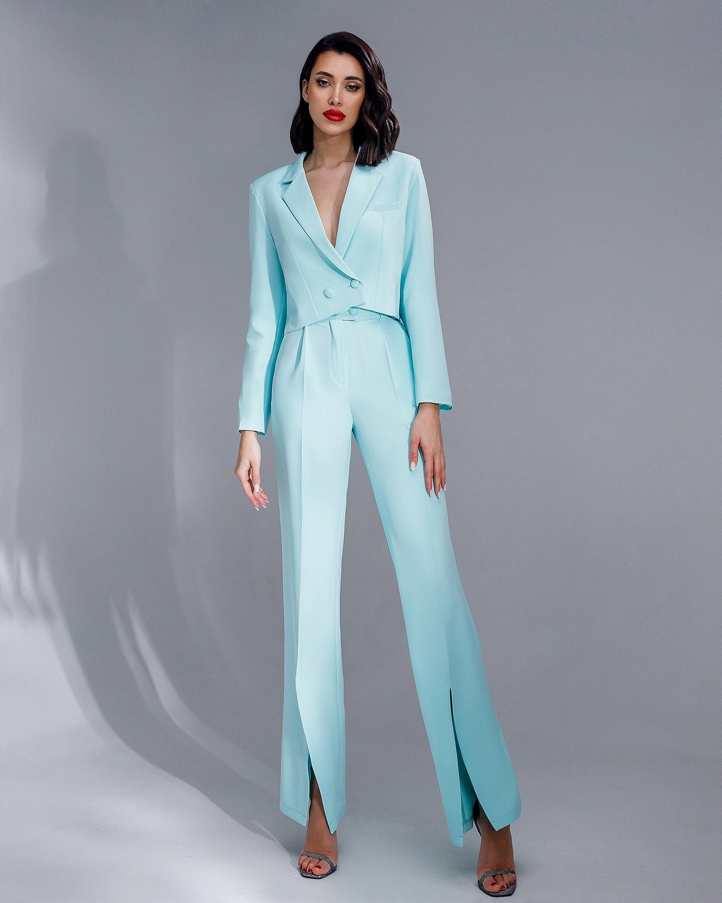 Tiffany-Blue Crop Jacket Suit 2-Piece