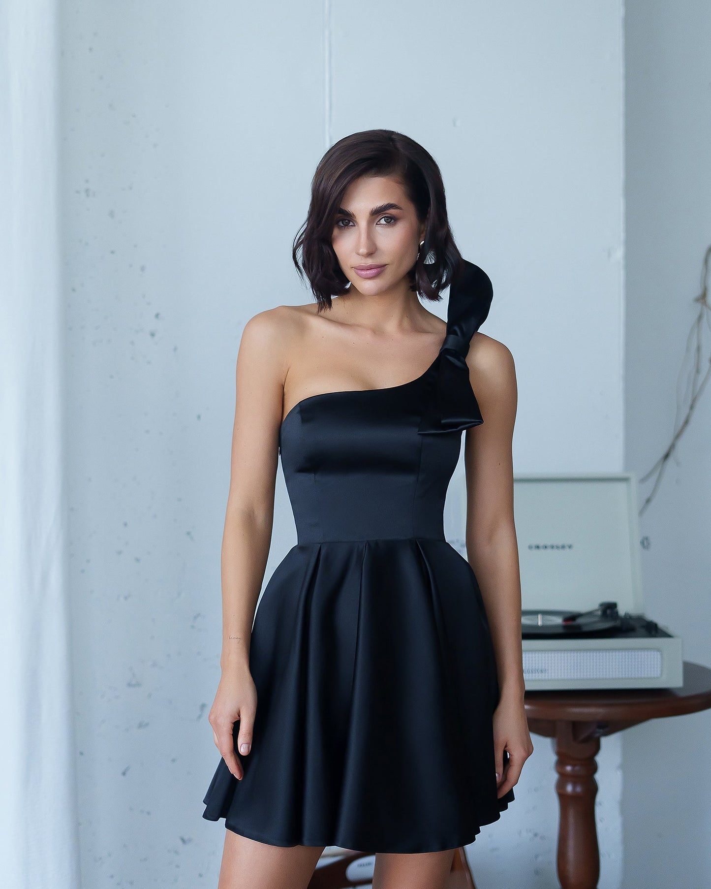 Black Satin One-Shoulder Bow Skater Mini Dress
