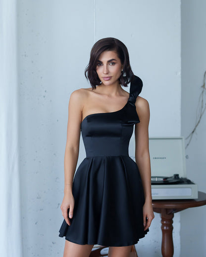 Black Satin One-Shoulder Bow Skater Mini Dress