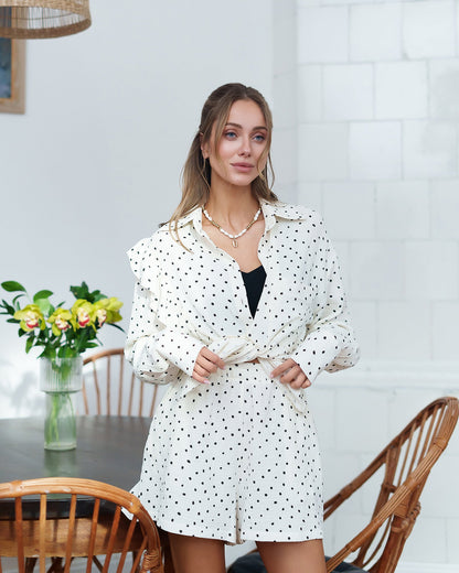 White-Black Polka Dot Blouse & Shorts 2-Piece Set