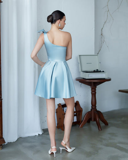 Mint Satin One-Shoulder Bow Skater Mini Dress