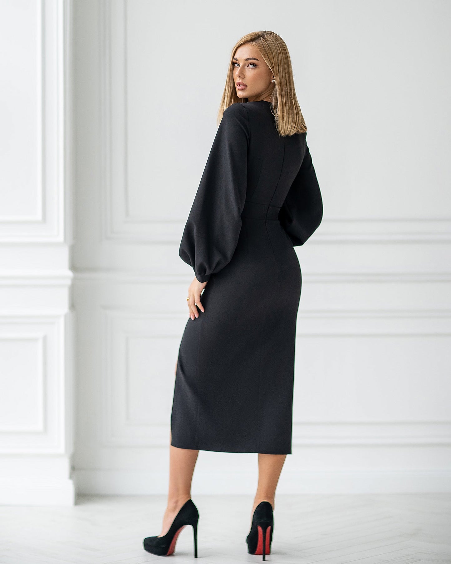 Black Square Neck Puff-Sleeve Midi Dress