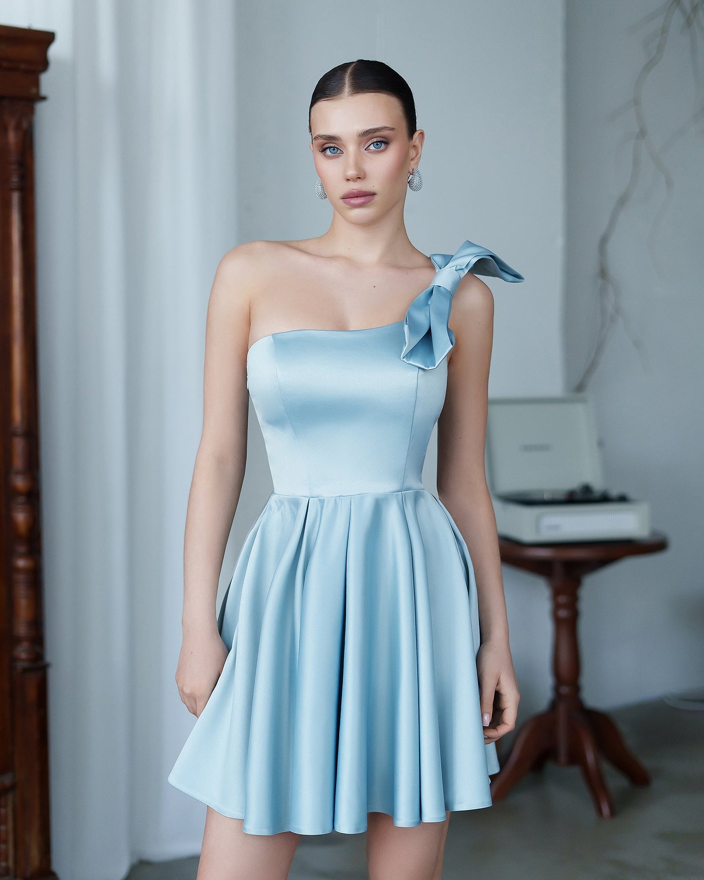 Mint Satin One-Shoulder Bow Skater Mini Dress