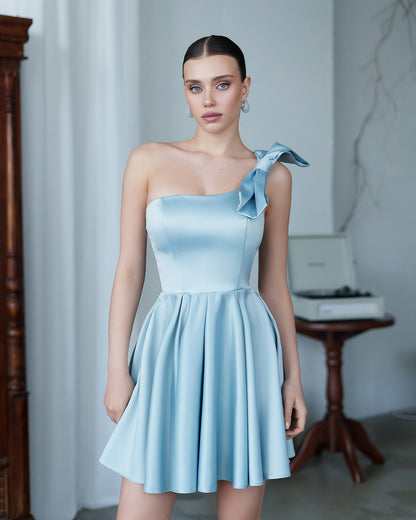 Mint Satin One-Shoulder Bow Skater Mini Dress