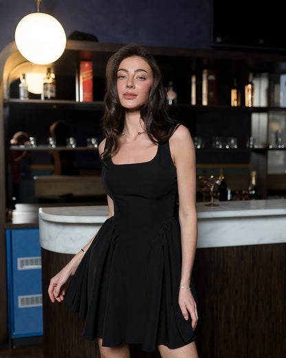 Black Square Neck Bow Back Mini Dress