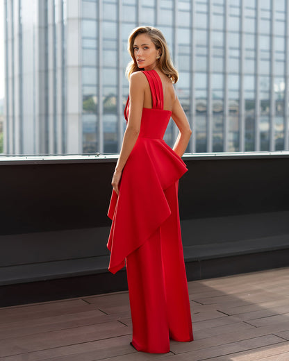 Red Pleated One-Shoulder Peplum Top & High-Waist Pants