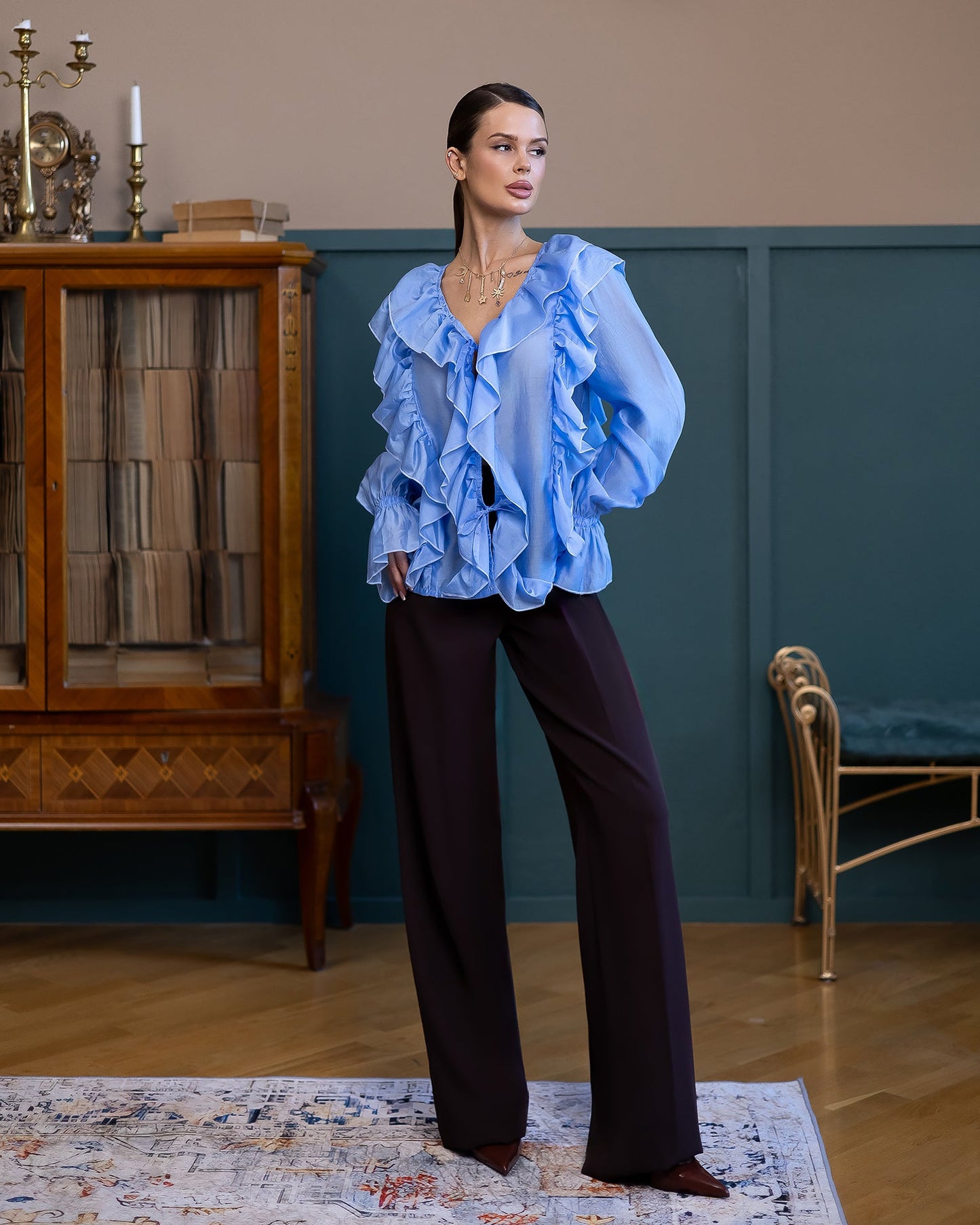 Liora Sky-Blue Ruffled V-Neck Blouse