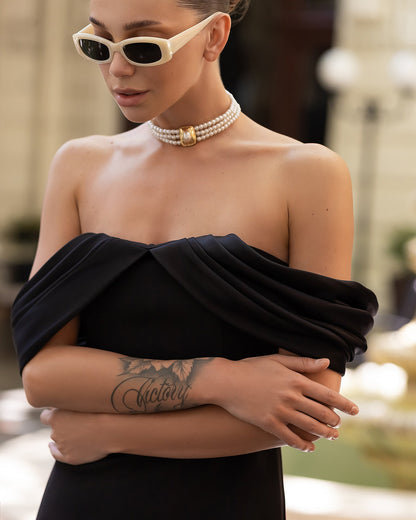 Léa Black Off-the-Shoulder Draped Maxi Dress