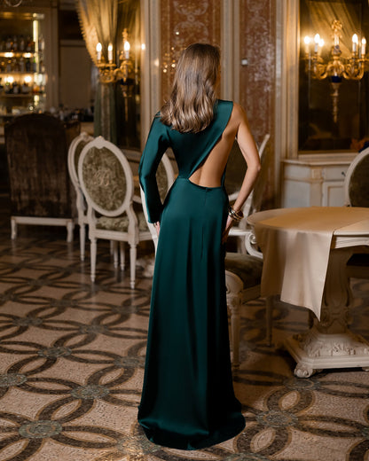 Emerald Satin Draped Neck One-Shoulder Maxi Dress