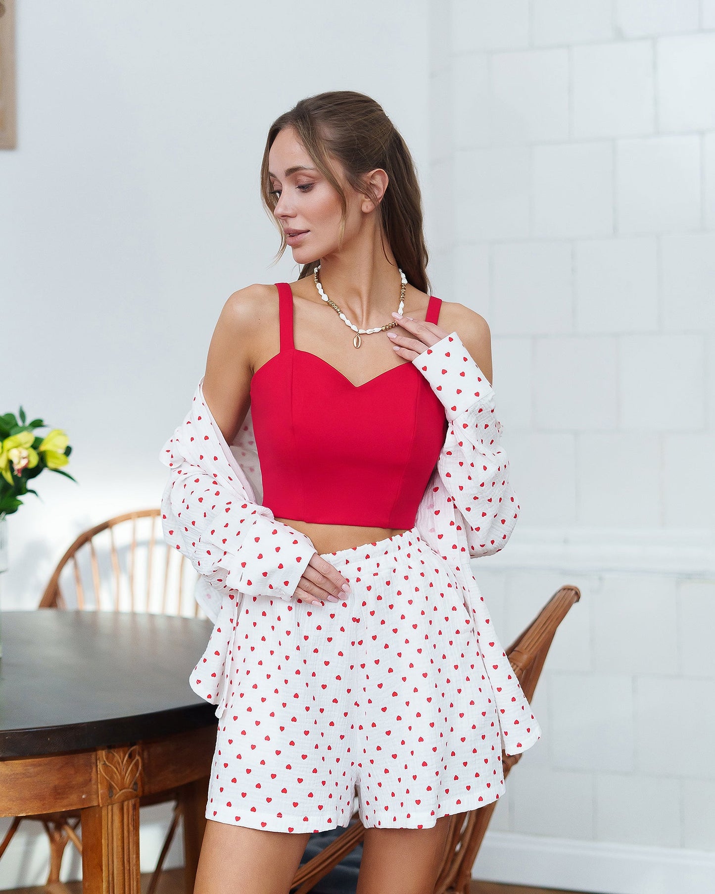 White-Red Polka Dot Blouse & Shorts 2-Piece Set