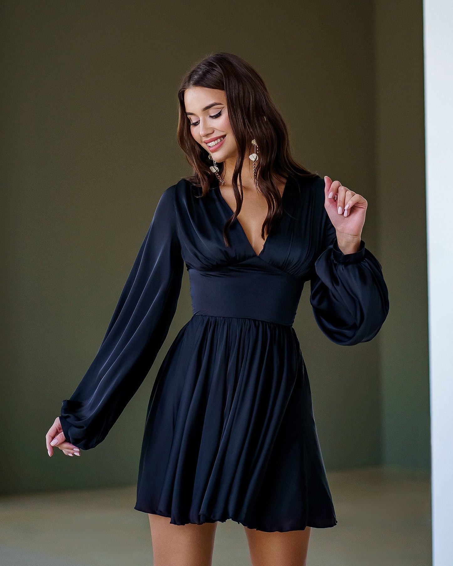 Black Silk Puff-Sleeve Mini Dress