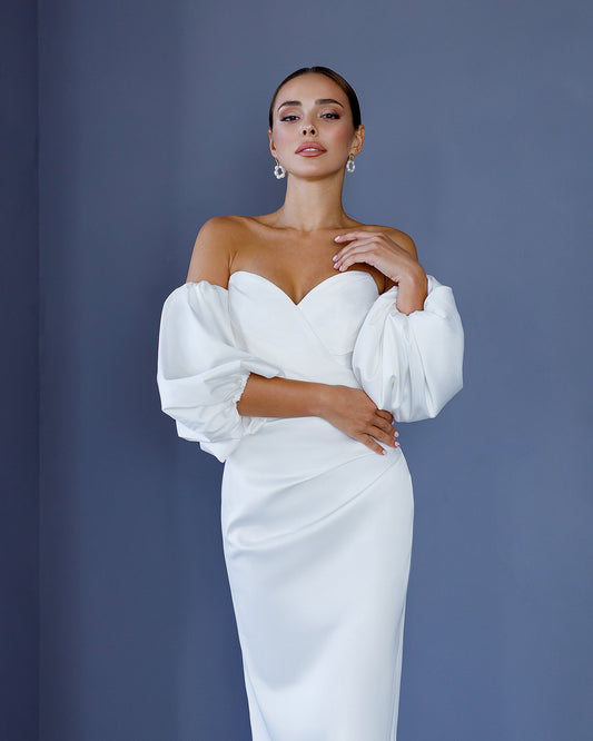 White Satin Sweetheart Puff-Sleeve Midi Dress