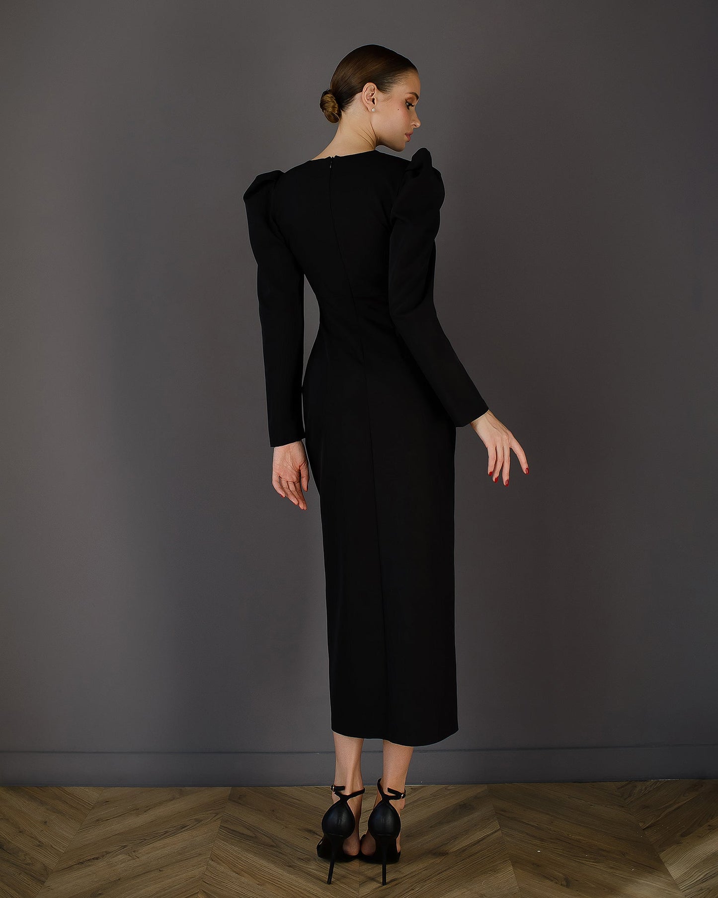 Anne Black Puff Sleeve Midi Dress