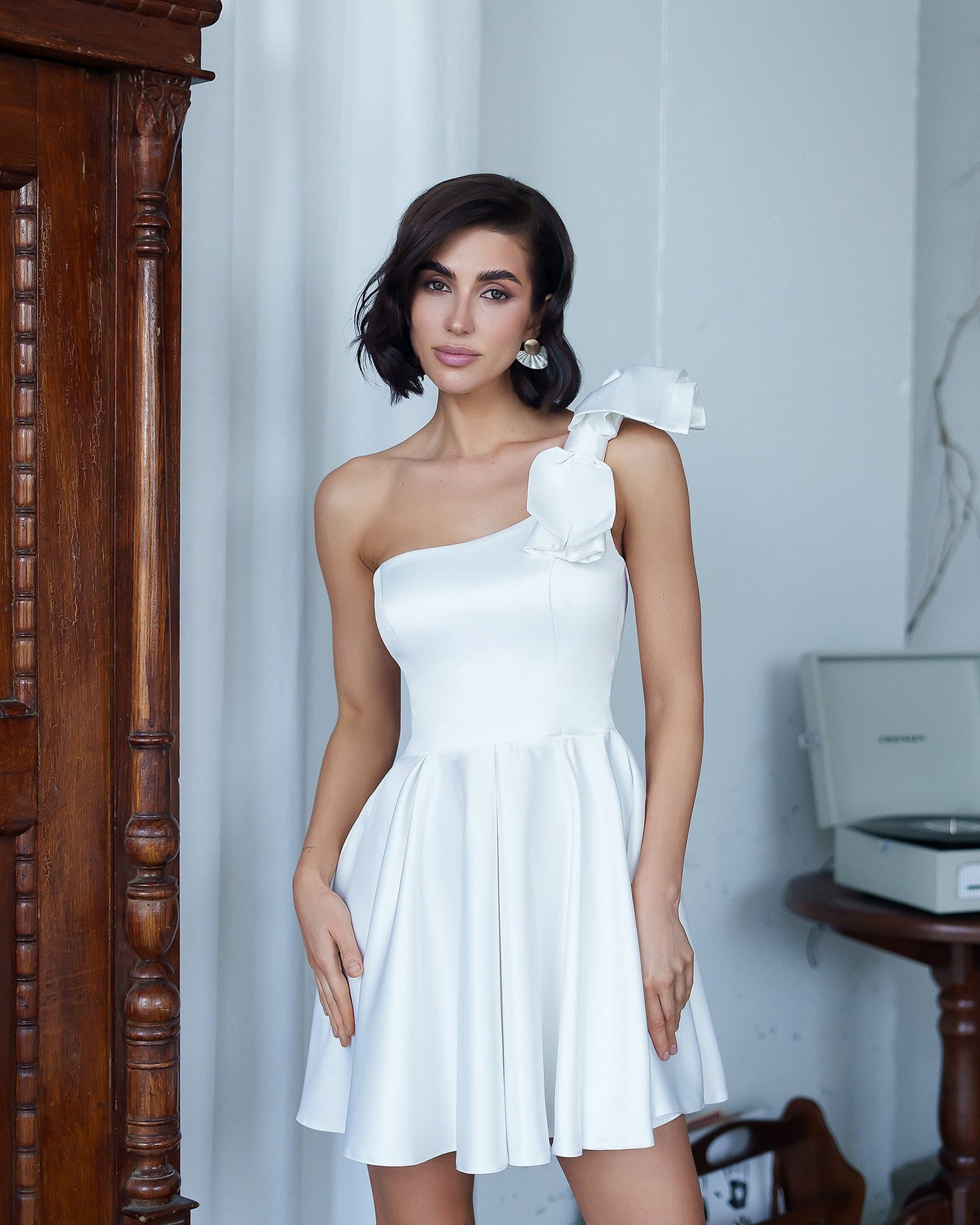 White Satin One-Shoulder Bow Skater Mini Dress