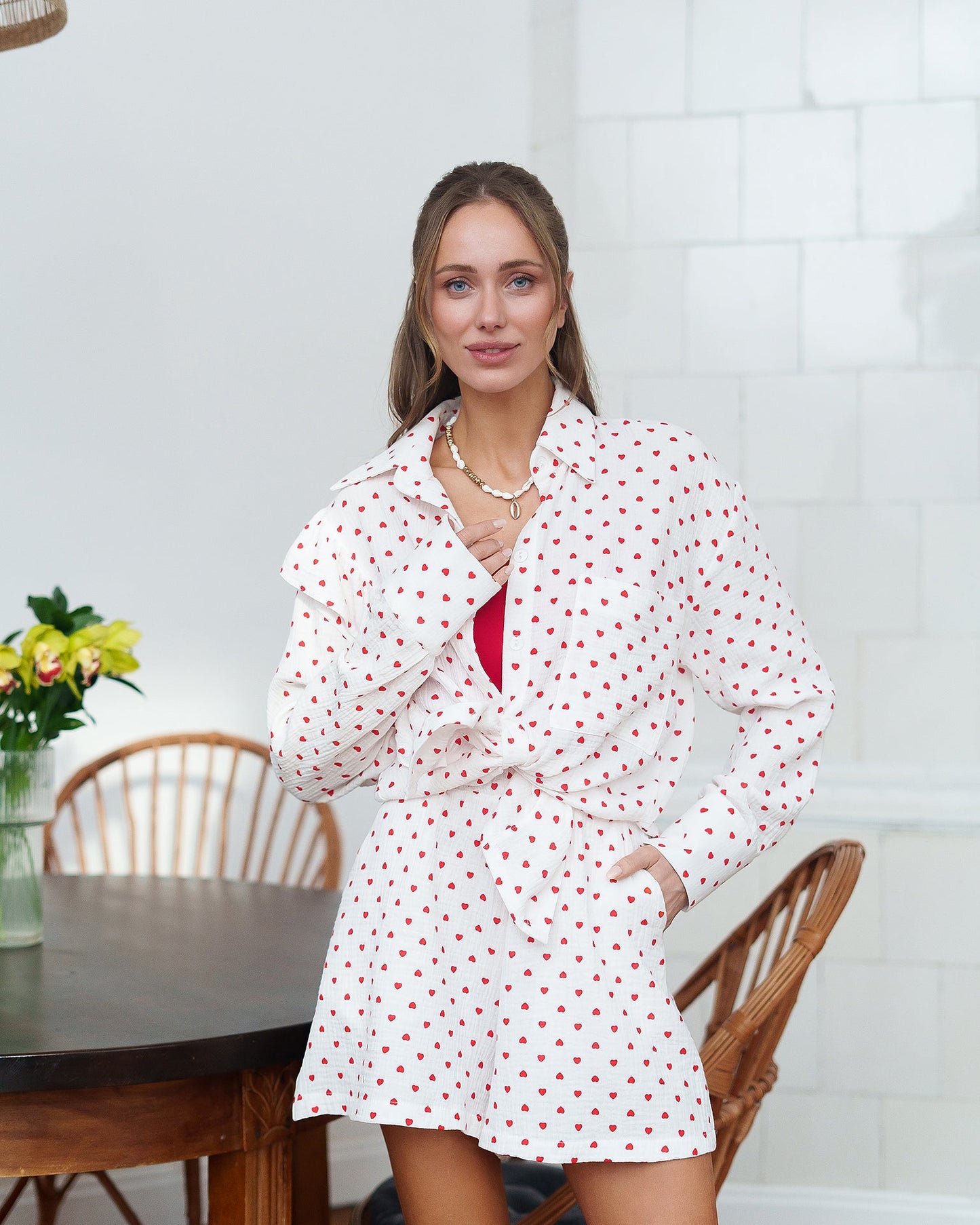 White-Red Polka Dot Blouse & Shorts 2-Piece Set