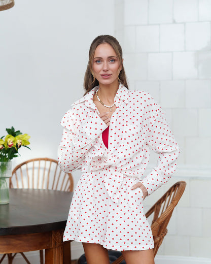 White-Red Polka Dot Blouse & Shorts 2-Piece Set