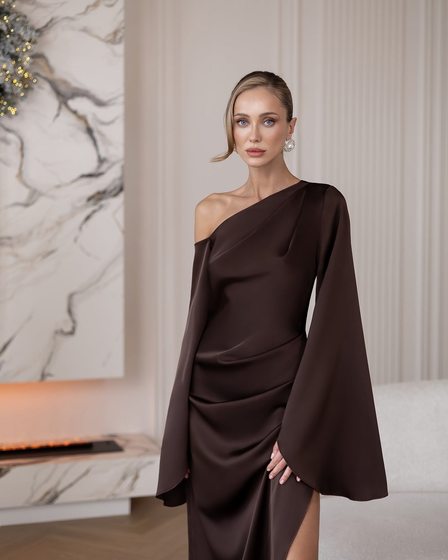 Celeste Brown Satin Asymmetric One-Shoulder Midi Dress