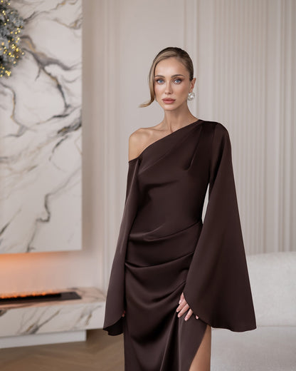 Celeste Brown Satin Asymmetric One-Shoulder Midi Dress