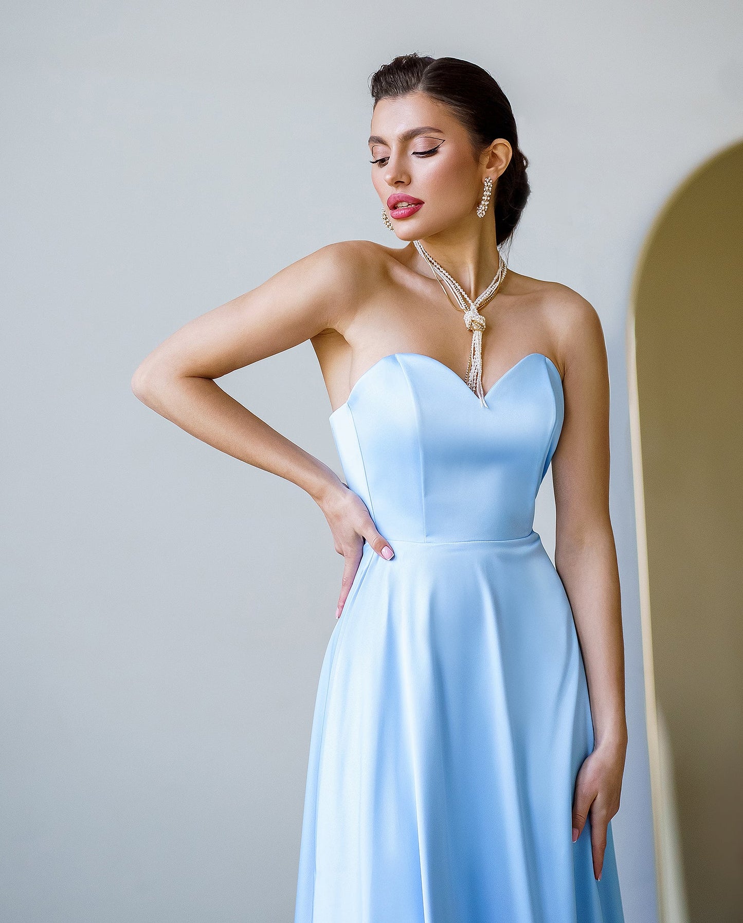 Sky-Blue Satin Corseted Strapless Dress