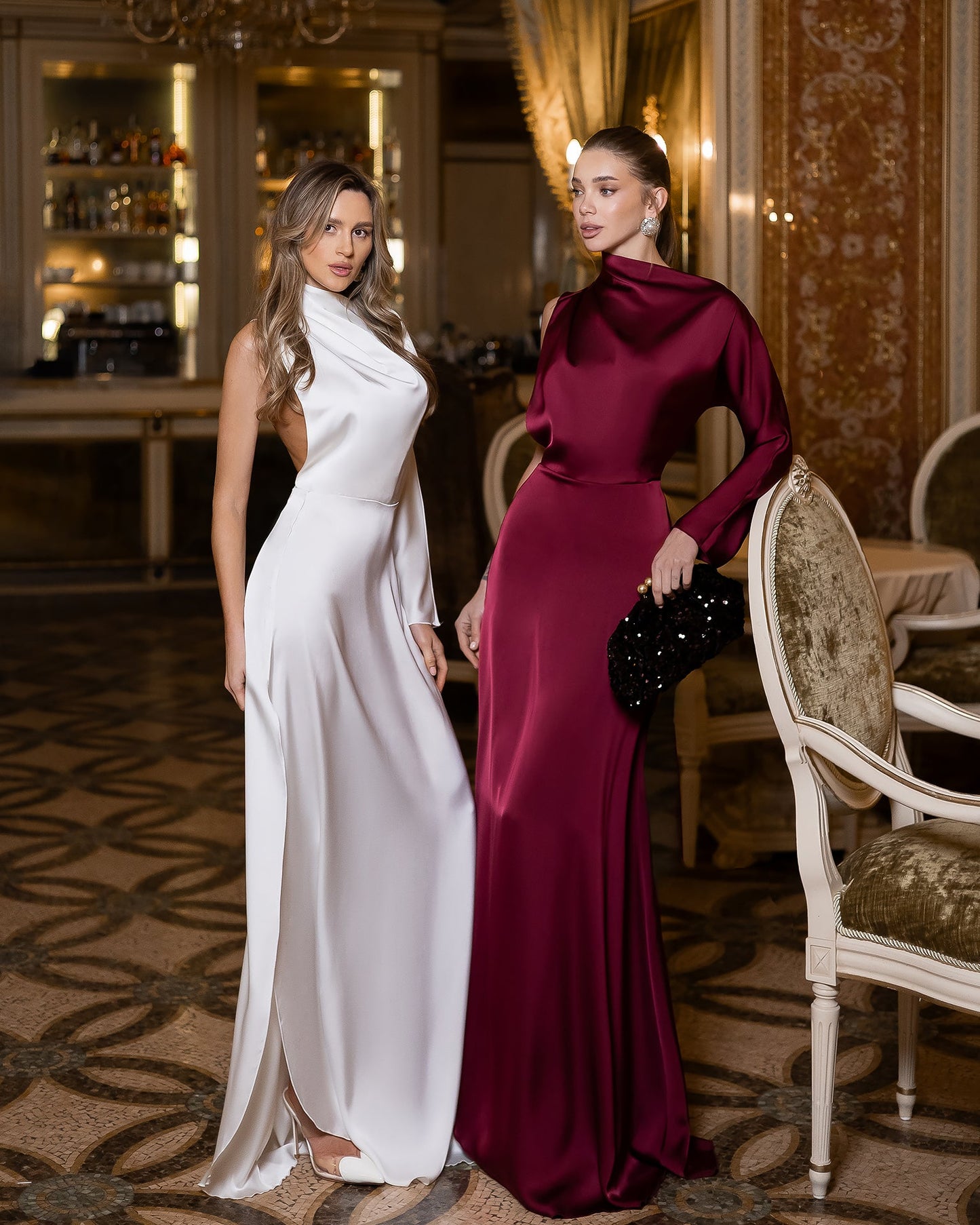 Bordeaux Satin Draped Neck One-Shoulder Maxi Dress