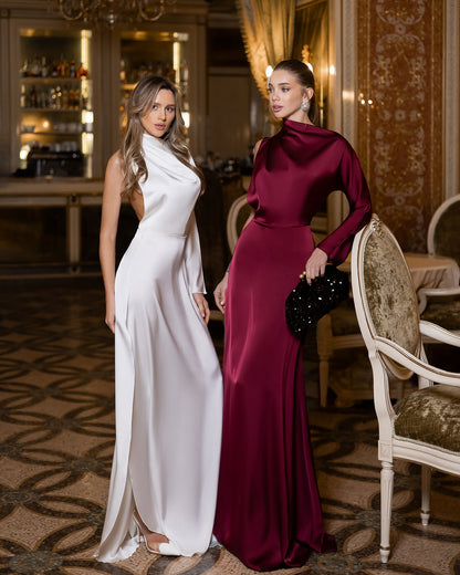 Bordeaux Satin Draped Neck One-Shoulder Maxi Dress