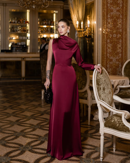 Bordeaux Satin Draped Neck One-Shoulder Maxi Dress