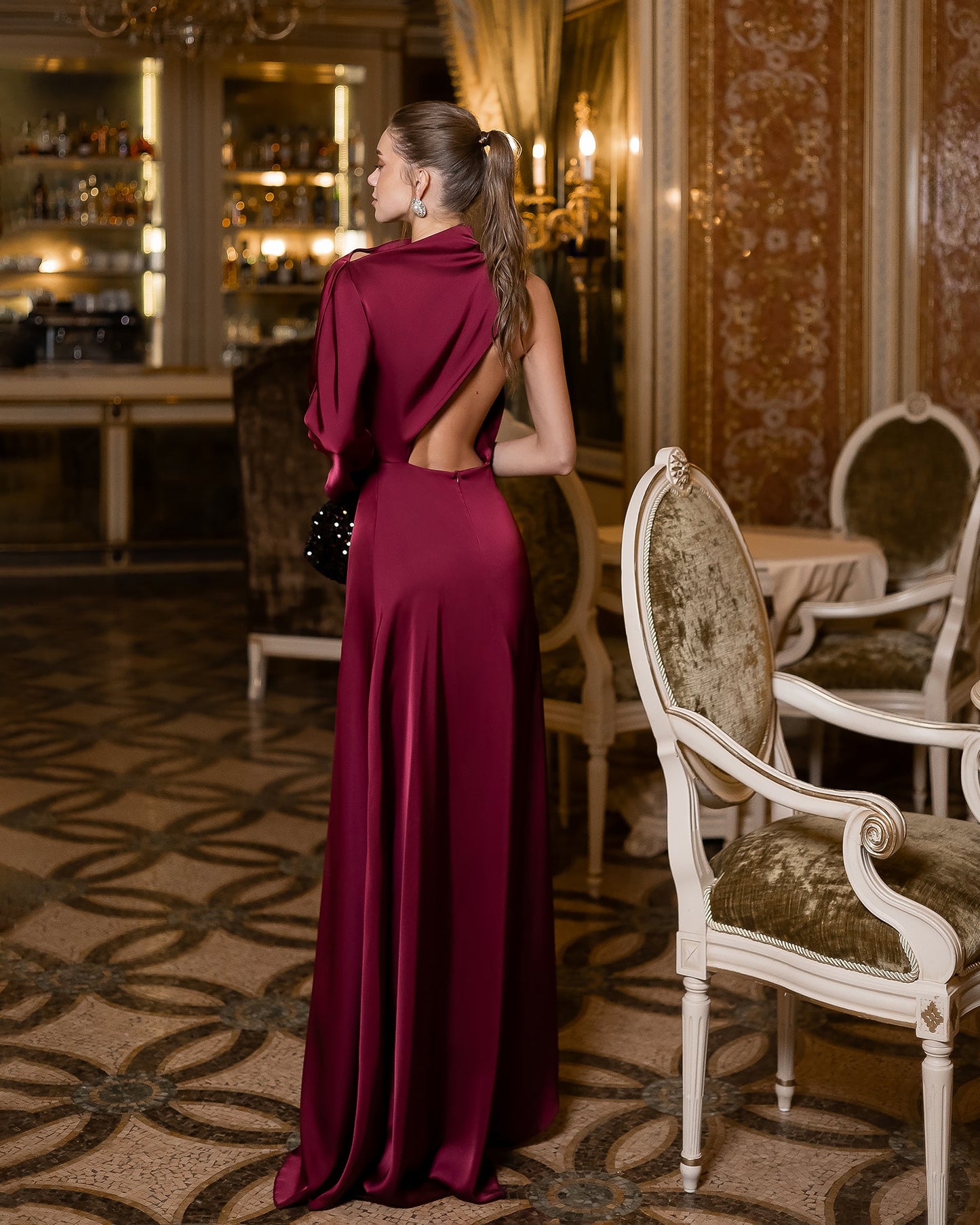 Bordeaux Satin Draped Neck One-Shoulder Maxi Dress