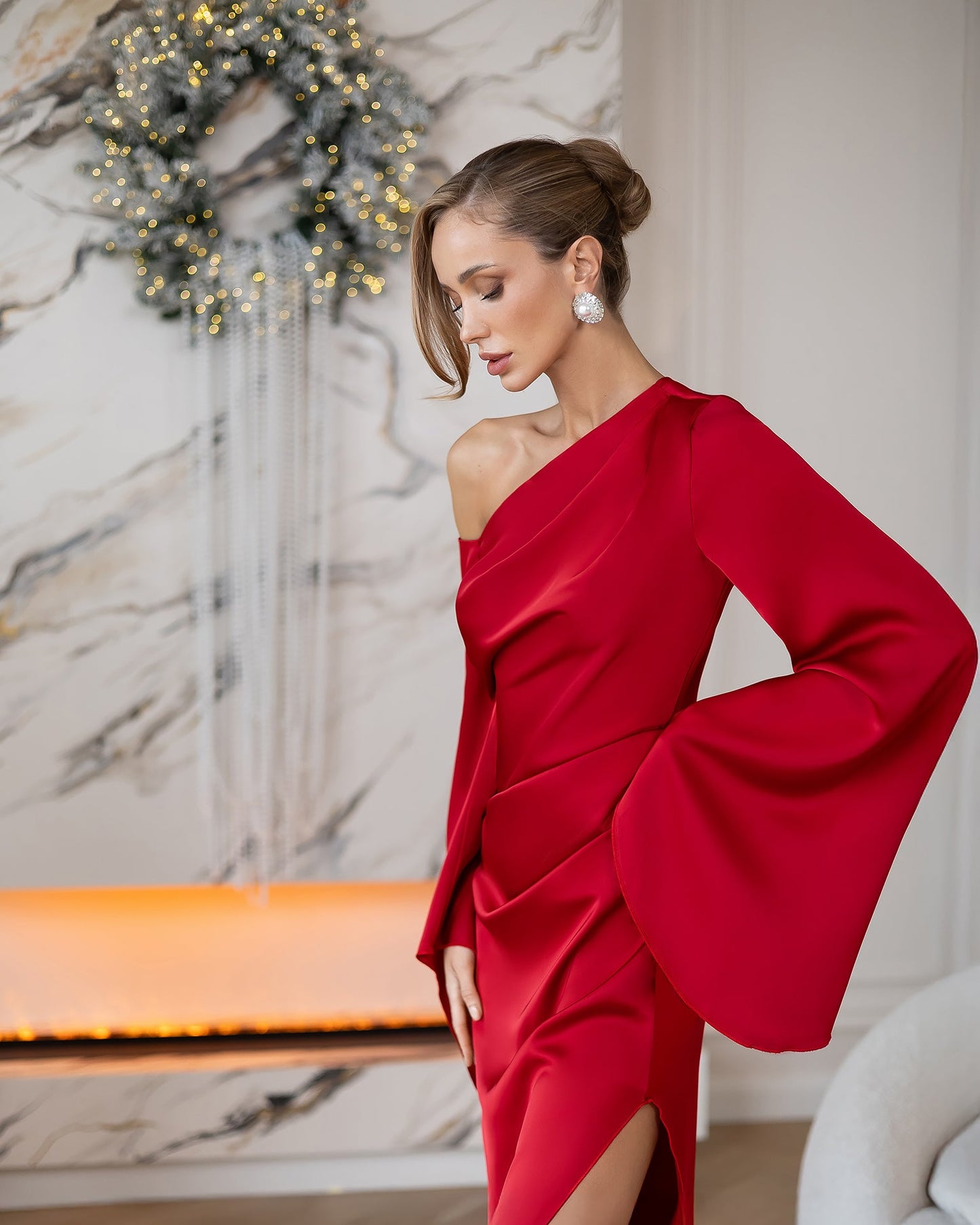 Celeste Red Satin Asymmetric One-Shoulder Midi Dress