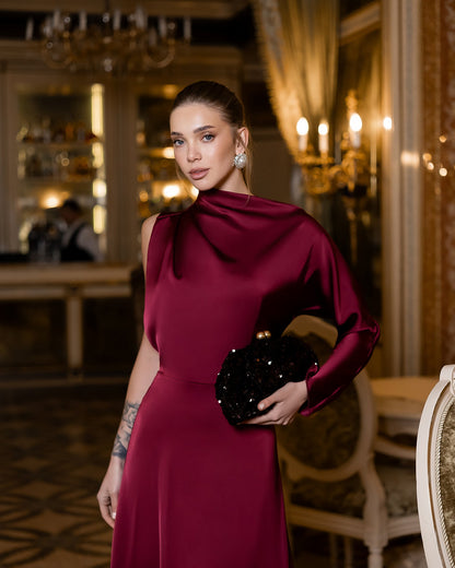 Bordeaux Satin Draped Neck One-Shoulder Maxi Dress