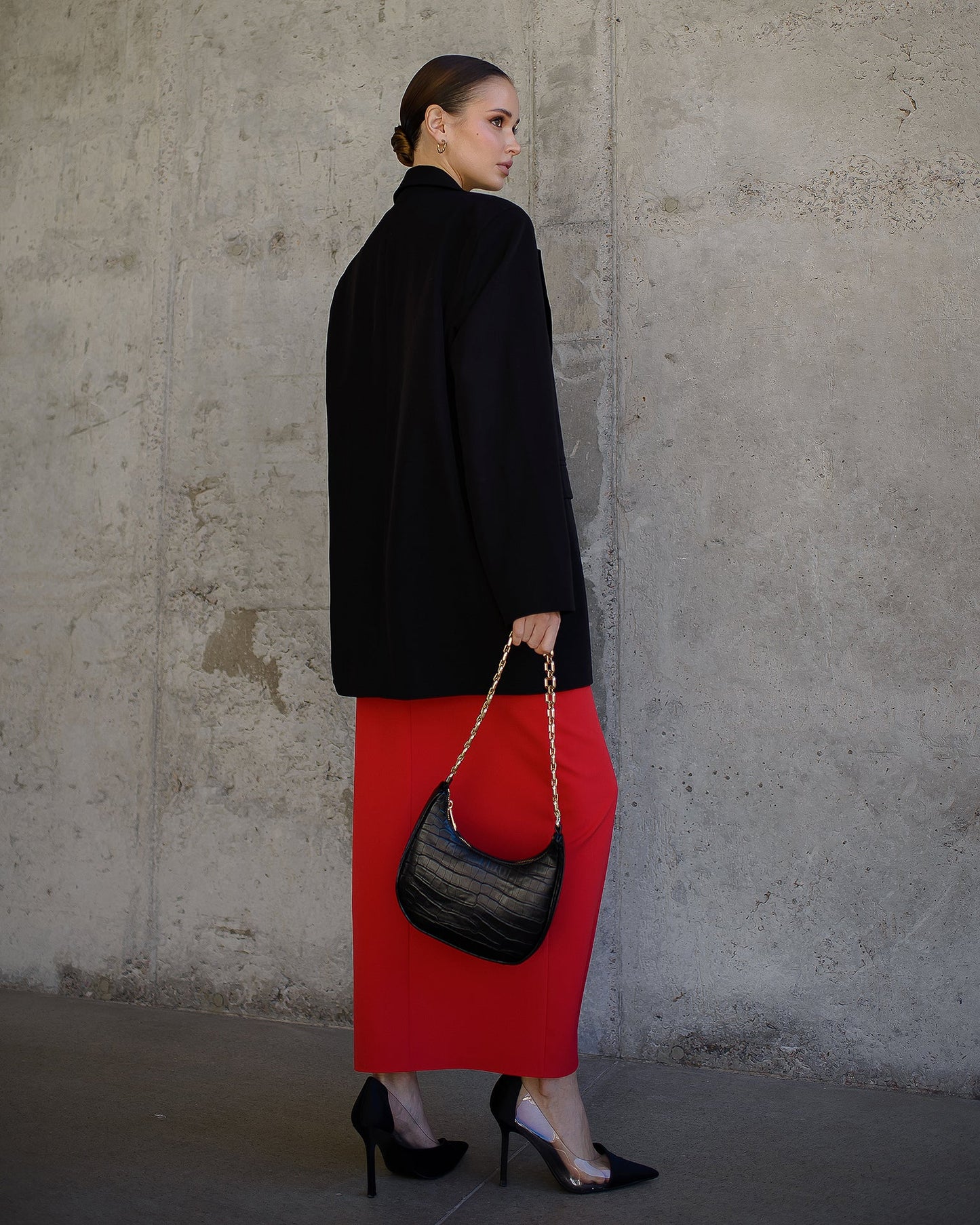 Red Front-Slit Midi Skirt