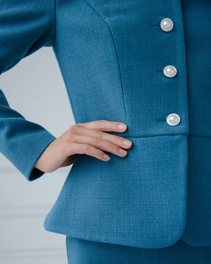 Blue Collarless Tweed Skirt Suit 2-Piece