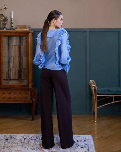 Liora Sky-Blue Ruffled V-Neck Blouse