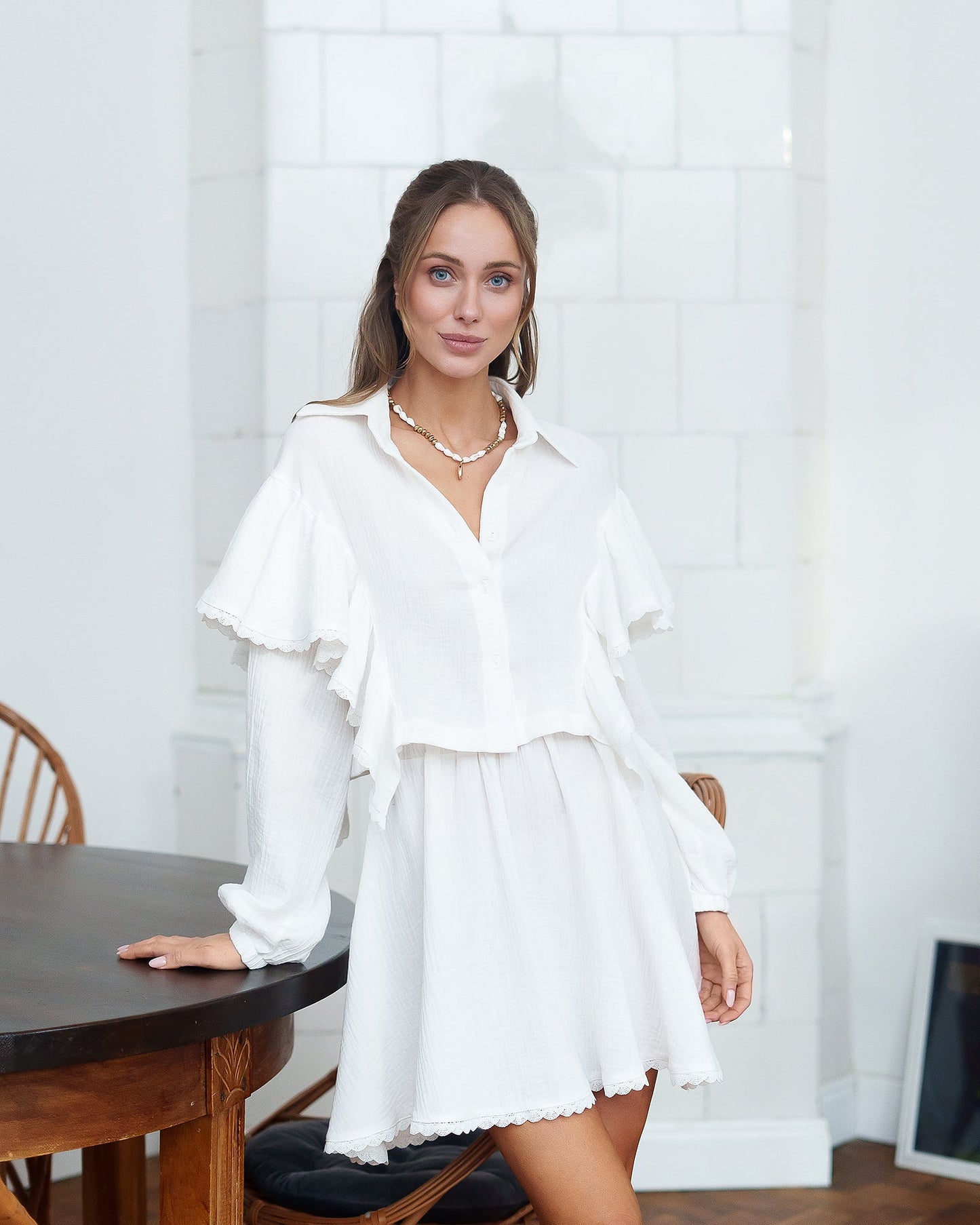 White Ruffled Blouse & Skirt 2-Piece Set