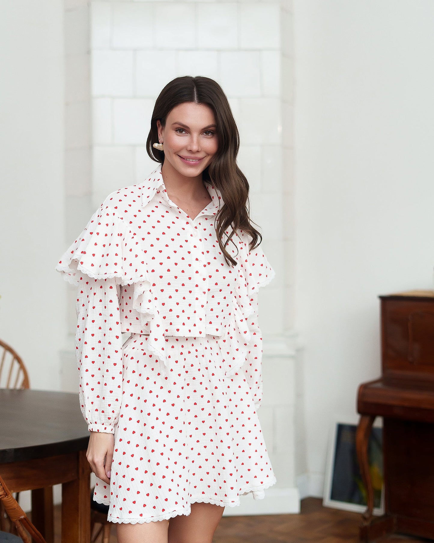 White-Red Polka Dot Ruffled Blouse & Skirt 2-Piece Set