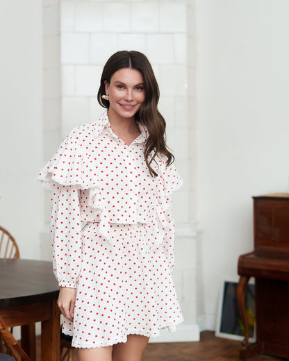 White-Red Polka Dot Ruffled Blouse & Skirt 2-Piece Set