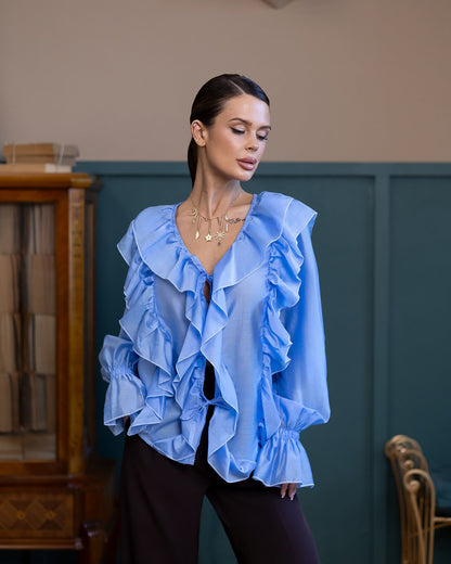 Liora Sky-Blue Ruffled V-Neck Blouse