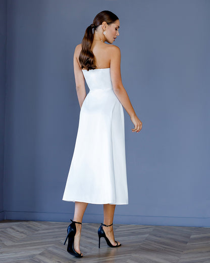 White Satin Corseted Strapless Dress