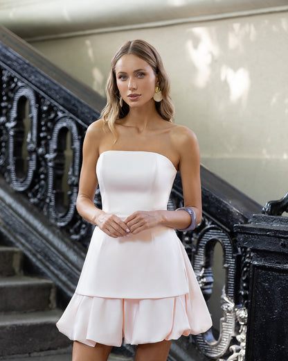 Pearl-White Satin Strapless Peplum Top & Bubble-Hem Mini Skirt
